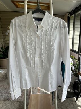 J. McLaughlin White Long-Sleeve Ruffle Front Dress Shirt